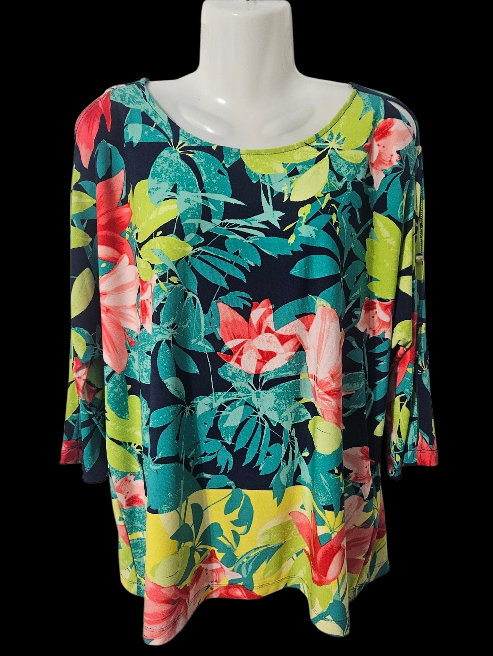 Ruby Rd. Size PL Colorful Botanical Print Top, 3/4 Peekaboo Sleeves w/Gold Beads